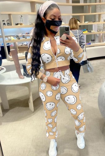 Smile Print Zipped Up Long Sleeve Crop Top and Pants Two Piece Set