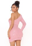 Sequin Pink Single Sleeve Oblique Shoulder Mini Dress