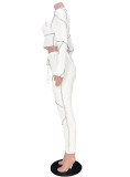 White Bright Line Long Sleeve Crop Top and Drawstring Pants Two Piece Set