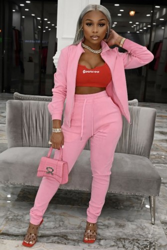 Pink Long Sleeve Zipper Up Top and Drawstring Pant Two Piece Set