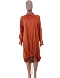 Red Drawstrings Hem High Low Button Up Long Sleeves Loose Blouse Dress