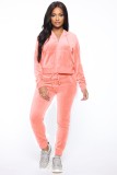 Pink Velvet Zipped Open Hoody Top and Pants Two Piece Set