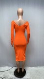 Orange Ribbed V-Neck Long Sleeves Long Bodycon Dress