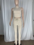 Khaki Sleeveless Crop Top and Drawstring Pants Two Piece Set