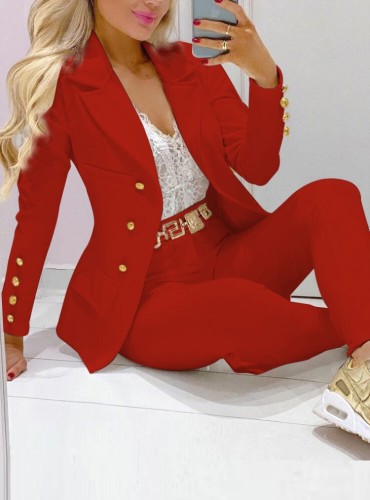Red Turndown Collar Office Blazer and Pants Suit