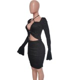 Black Sequin Hollow Out Flare Sleeve Sheath Dress
