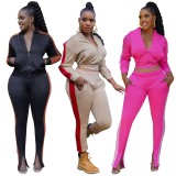 Contrast Pink Zipper Open Pocket Top and Pants Two Piece Set