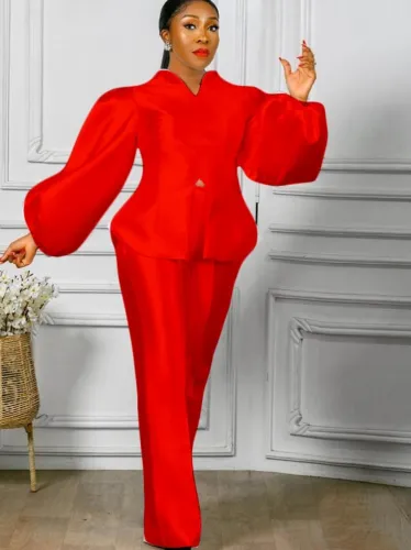 Red Silk Bubble Sleeve Top and High Waist Pants Two Piece Set