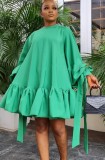 Green A-line Puff Sleeve Frill Hem Loose Short Dress