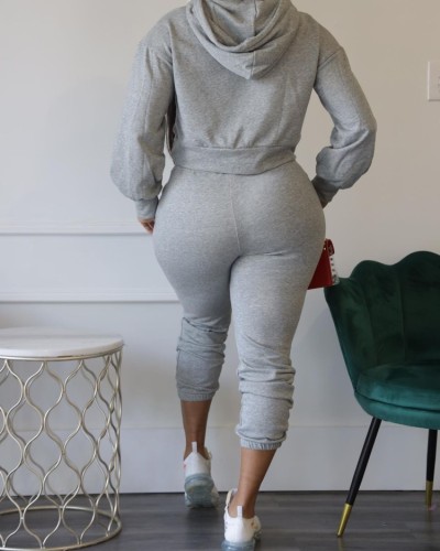 Grey Keyhole Long Sleeve Hoody Top and Pants Two Piece Set