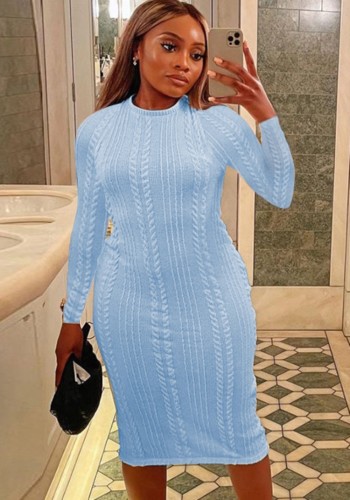 Blue Knitted Long Sleeve O-Neck Slinky Long Dress