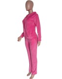 Pink Velvet Drawstring Hoody Top and Pants Two Piece Set