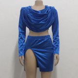 Blue Dripped Collar Top and Split Mini Skirt Two Piece Set