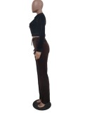 Contrast Color Velour Zipped Open Top and Drawstring Pants Two Piece Set