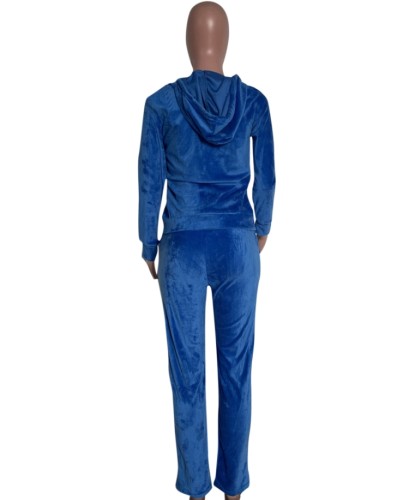 Blue Velvet Drawstring Hoody Top and Pants Two Piece Set