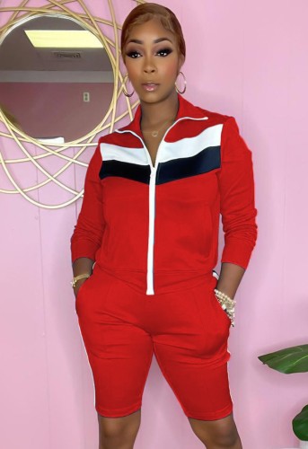 Color Block Red Zip Up Long Sleeve Top and Short Two Piece Set