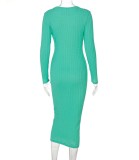 Cyan Knitted Long Sleeve O-Neck Slinky Long Dress