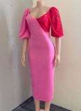 Red Lace Patch Pink V-Neck Puff Sleeve Sheath Midi Dress