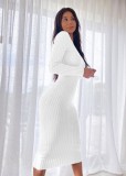 White Ribbed V-Neck Long Sleeves Long Bodycon Dress