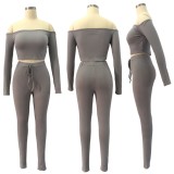 Grey Ribbed Off Shoulder Crop Top and Drawstring Pants Two Piece Set