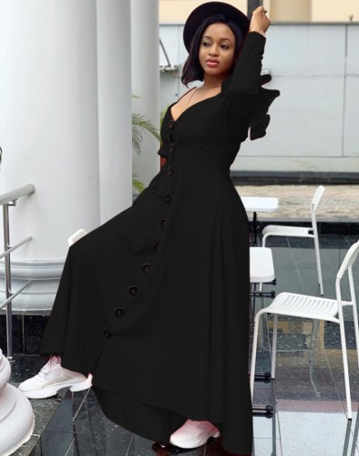 Black Ruffled Cami Long Sleeve Button Up Maxi Dress