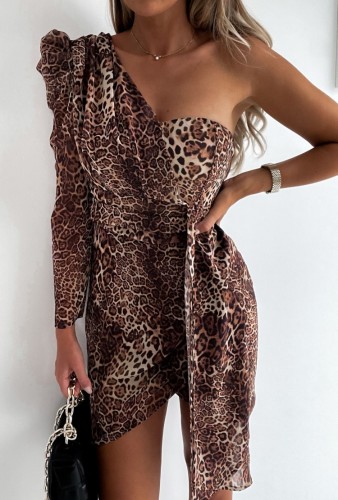 Leopard Print One Shoulder Single Sleeve Wrap Irregular Mini Dress