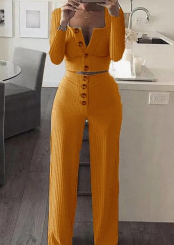 Orange Ribbed Crop Top and High Waist Pants Two Pieces