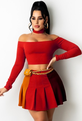 Red Off Shoulder Long Sleeve Crop Top and Mini Pleated Skirts Two Piece Set