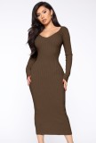 Brown Ribbed V-Neck Long Sleeves Long Bodycon Dress