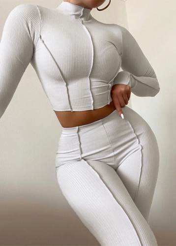 White Ribbed Turtleneck Long Sleeves Crop Top and Pants Two Piece Set