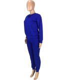Blue Long Sleeves O-Neck Top and Pants Two Piece Set