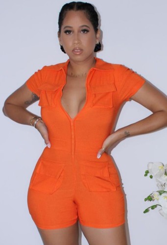 Orange Turndown Collar Short Sleeves Zipper Up Rompers with Pockets