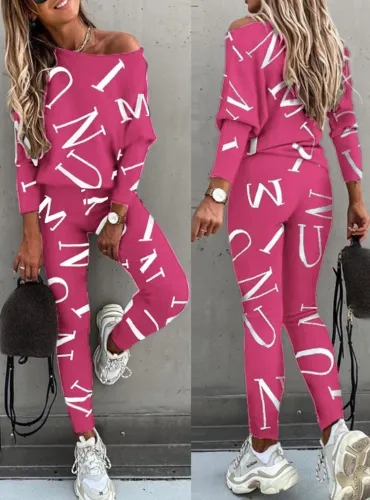 Letter Print Rose Shirt and Pants 2PCS Set