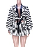 Black Stripe Puff Sleeve Tie Top and Shorts Two Piece Set