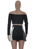 Black Off Shoulder Long Sleeve Crop Top and Mini Pleated Skirts Two Piece Set