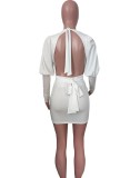 White Plunge Neck Mesh Patched Bubble Sleeve Backless Tight Dress