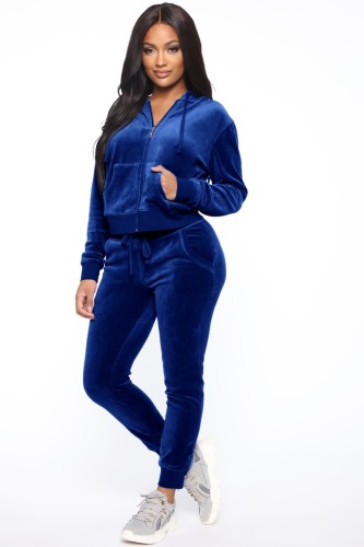 Blue Velvet Zipped Open Hoody Top and Pants Two Piece Set