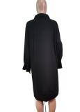 Black Drawstrings Hem High Low Button Up Long Sleeves Loose Blouse Dress