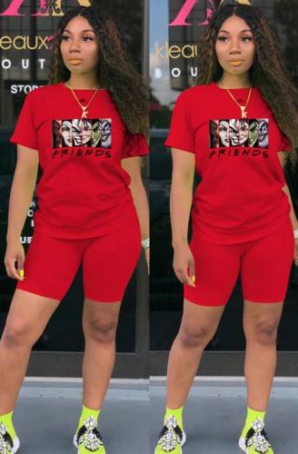 Cartoon Printed Red Round Neck Tee and Shorts Two Piece Set