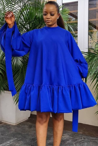Blue A-line Puff Sleeve Frill Hem Loose Short Dress