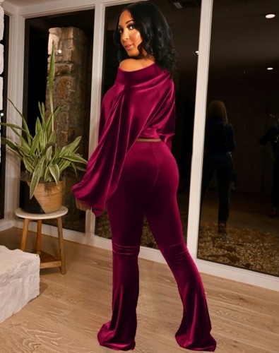 Red Velvet Long Sleeve Crop Top and Slim Pant Two Piece Set