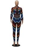 Colorful Wavy Print Zipped Up Top and Pants Two Piece Set