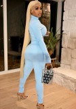 Blue High Neck Zipped Up Long Sleeve Top and Pants Two Piece Set
