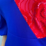 Red Lace Patch Blue V-Neck Puff Sleeve Sheath Midi Dress