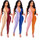 Pink and Orange Contrast Sleeveless Zipper Up Tight Jumpsuit