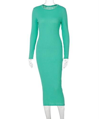 Cyan Knitted Long Sleeve O-Neck Slinky Long Dress