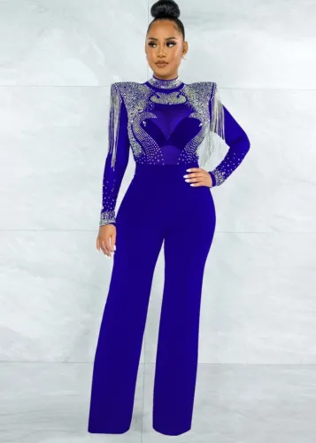 Blue Beaded Midi Neck Cap Sleeve Fringe Jumpsuit
