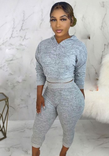 Grey Long Sleeve Hoody Top and Pants Two Piece Set