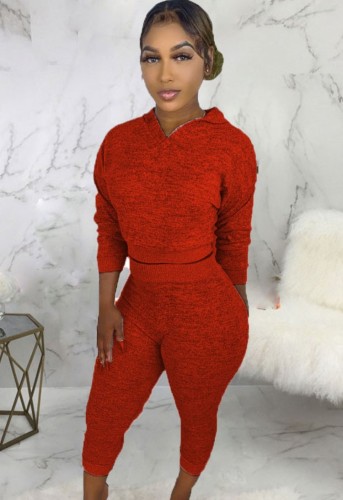 Red Long Sleeve Hoody Top and Pants Two Piece Set