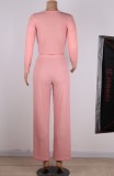 Pink Ribbed Crop Top and High Waist Pants Two Pieces